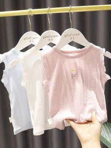 เสื้อยืดแขนสั้นผ้าฝ้ายแท้สำหรับเด็กผู้หญิง เสื้อผ้าเด็กฤดูร้อน 2021 เสื้อแขนกุดบาง คอกลม สีพื้น เสื้อผ้าเด็กผู้หญิง