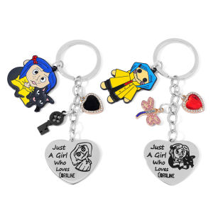 Bandai | Coraline Keychain Halloween Movie Peripheral Cartoon Doll Heart Pendant Key Ring Anime Fans Black Cat Charm Gift