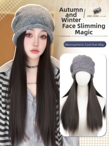 QIAOYIDUO | All in One Wig Cap Facial Shaping Natural Straight Black Wig Winter Hat