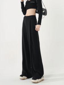 Black High Waist Wide Leg Pants Womens Autumn Winter Large Size Slimming Drapey Straight Cut Casual Floor Length Trousers
