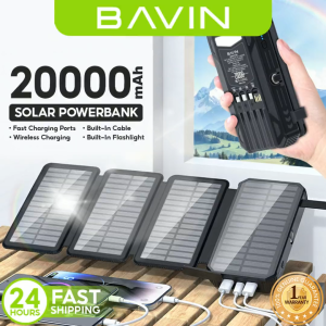 BAVIN PC1119 20000mAh Portable Solar Charging Powerbank Built-In Cable Wireless Charging w/ Water Resistant Protection