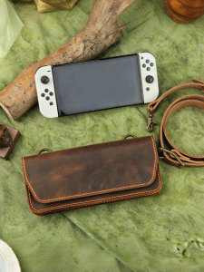 Handmade Genuine Leather Protection Cover Single Shoulder Bag Vintage Cowhide Mad Horse Skin for Nintendo Switch V12-SWITCH-BAG