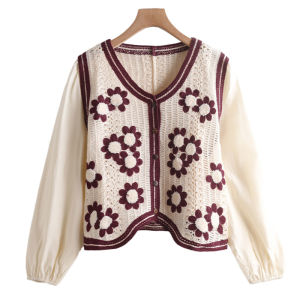 Spring Season Splicing Sleeve Hollow out V-Neck Open Cardigan Knitted Sweater by West Lake Elderly DK310 Ladies Fashion