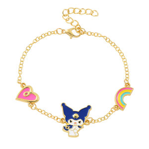 Cute Kuromi Themed Bracelet Zinc Alloy with Enamel Kuromi Heart & Rainbow Pendants Gold Tone Adjustable Wristband