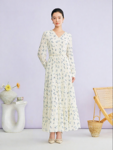 Stylish Elegant Flower Print Mulberry Silk V-neck Waist-defining Dress