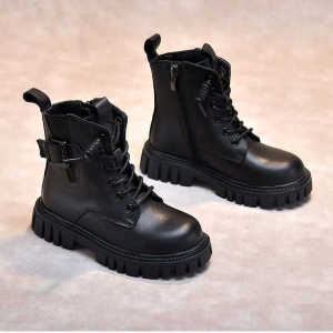 Red Jing Female Childrens Boots Autumn Winter Leather Martin Boots Fleece Lined Warm Cotton Shoes Low Top Zipper Closure