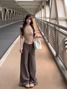 Quần Ống Đứng Màu Nâu Dài Bất Thường Cho Nữ Quần Ống Rộng Cạp Cao Phong Cách Hàn Quốc Mùa Hè 2025 Quần Dài Thường Ngày