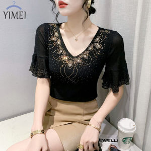 YIMEI Áo Thun Lưới Cổ Chữ V Gợi Cảm Áo Nữ Đính Kim Cương Ren 2023 Cộc Tay Mới Mùa Hè Áo Thun Nữ Ngắn Tay Xếp Nếp Phong Cách Thiết Kế