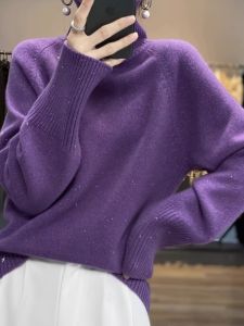 หนาขึ้น ถักสูง ปกเสื้อ ผ้าขนสัตว์ เสื้อสเวตเตอร์ ผู้หญิง ฤดูใบไม้ร่วง ฤดูหนาว หลวม แคชเมียร์ระยิบระยับ เสื้อสวม เสื้อผ้าทํางานแขนยาว