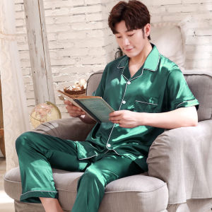 Mens Summer Short Sleeve Long Pants Silk Like Material Thin Couple Ice Silk Home Clothing Two Piece Set