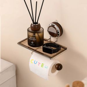 Luxury Style Suction Cup Bathroom Toilet Paper Holder Wall Mounted Toilet Tissue Rack No Drilling Required Bathroom Storage Shelf Roll Paper Holder