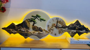 (ẢNH CHỤP) Tranh đồng hồ đèn led tráng gương in UV núi non hùng vĩ 8 trang trí phòng khách