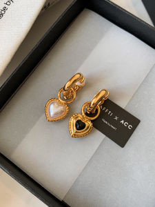 CAFFTI | Natural White Mother of Pearl Black Onyx Heart Shaped Earrings For Non-Pierced Ears