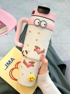 Cute Large Capacity Double Drink Insulated Cup with Handle Straw Women High Aesthetic Value Ice King Cup  Style Stainless Steel Water Bottle