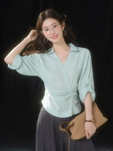 Mint Green French V-neck Waist-accentuating Tencel Long-sleeved Shirt