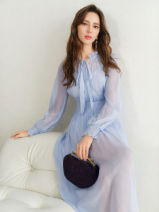BADINA | Đầm Chiffon Pháp Elegance Màu Xanh - Sản Phẩm Mới