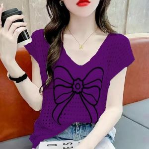 Áo Len Dệt Kim Mỏng Mùa Hè Cho Nữ Cổ Chữ V Họa Tiết Bướm Dáng Rộng Tay Bảy Chất Liệu Lụa Băng Phong Cách Thường Ngày Áo Chui Đầu