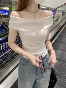 Unique Short Sleeve T-Shirt Womens Beautiful Slant Shoulder Halter Neck Top Korean Style Slim Fit Moisture Wicking Summer Shirt