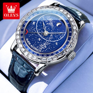 OLEVS | OLEVS Original Mens Automatic Mechanical Watch Fashion Business Leather Strap Luxury Diamond Starry Sky Moon Phase Mens Watch