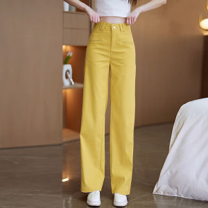 MEITESIJIAONU | Quần Cotton eo cao ôm dáng màu vàng ống rộng