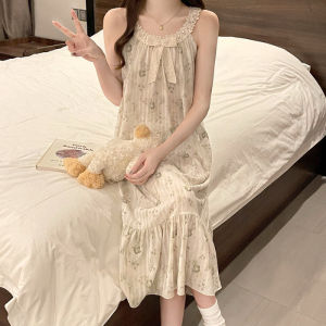 MONLEYTA | Sweet Round Neck Embroidered Sleepwear Nightgown With Butterfly Knot Home Clothes Summer New Style Silk Stripe CuiHua Pattern