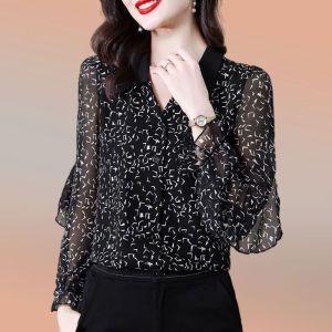 Ladies Long-sleeved Floral Polka-dot Shirt 2023 Spring and Autumn New Beautiful Slim Shirt