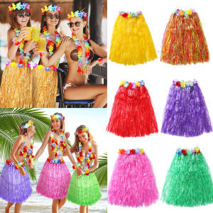 40/60cm Plastic Fiber Womens Hula Skirt with Garland Summer Beach Adult Kids Dress Up Tropical Aloha Hawaii Birthday Party Deco