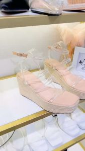 Giày cói sandal trong 9cm HALEY STORE đế xuồng nâu quai trong bảng khóa cài tiểu thư công chúa đi chơi đi làm du lịch