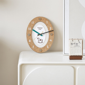 💥Dream Best🔥 Wall Clock Vintage Cork Oval Silent Creative Wall Clock Living Room Home Decor Retro Rocking Horse Hanging Clock 24*32cm