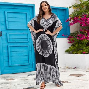 Thai Tie Dye Maxi Dress Vibrant Colorful Circle Patterned Kaftan Island Chic Holiday Robe Beachside Cover Ups Flowy Long Caftan