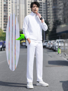 Mens Casual Sportswear Set Pure White Stand Collar Open Cardigan Colorful Thread Sweatshirt Jacket Two Piece Set for Spring Autumn