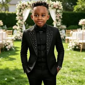 2026 Crystal Beading Black Boys Suits Costume Formal Wedding Tuxedos For Child Flower Boys 2 Pieces Kids Party Blazer Sets