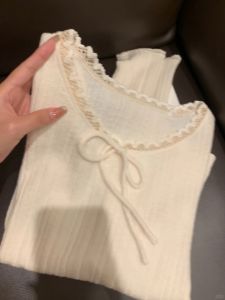 Áo Thun Dệt Kim Dài Tay Thắt Nút Bướm Phong Cách Hàn Quốc Cho Nữ Mùa Thu Đông Cổ Tròn Dáng Ôm Vừa Vặn Bên Trong Áo Lót Ren Viền Mềm Mại