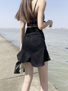High Waist Denim Mini Skirt Womens Summer Thin A-Line Bodycon Fish Tail Skirts Black Trendy Commute Korean Style Short Skirts