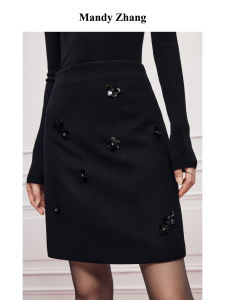 Elegant Pearl Embellished Black Mini Wool Skirt