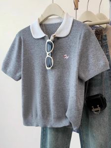 Loose Knitted Embroidered Patchwork Button-Up Collar Top for Women Summer New Style Slimming Effect Large Size Inner Wear