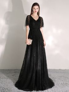 Elegant Black Evening Gown Womens High Quality Dress Korean Style Short Sleeve Floor Length for Wedding Party Performance