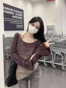 Autumn Fashion Womens Casual Style Long Sleeve Vest And Shirt Two-Piece Set Irregular Design Sweet Inner Wear Knitted Sweater