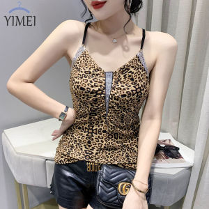 YIMEI V-neck Mesh Top 2023 Summer New Heavy Industry Hot Diamond Tank Top Fashion Back Collar Flower Hollow Suspender