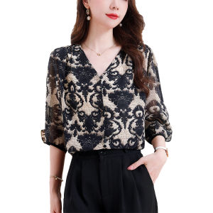 REHIN Summer New Black Printed Double Crepe Silk V-neck Short Sleeve Shirt Fashionable and Slimming Elegant Womens Top