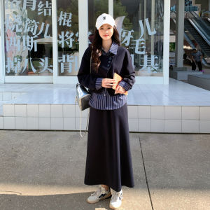 Autumnal Plaid Polo Shirt And Skirt Set Womens College Style Two-Piece Outfit Long Sleeve Button-Up Casual Fashion Ensemble