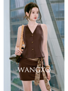WANGXO | Đầm Ôm Cao Cổ Halter Dây Vòng Quanh Cổ Tay Ngắn Phong Cách Slim Fit