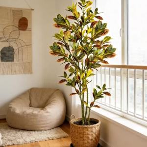 Kmitang | Cây Ficus Nhân Tạo Lớn 80-120cm Cây Giả Codiaeum Cành Cây Croton Nhiệt Đới Với Lá Nhựa Dùng Trang Trí Nhà Cửa Vườn Văn Phòng