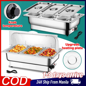 9L Stainless Steel Food Insulation Cabinet with Visual Flip Cover 3 Grids Electric Chafing Dish Food Warmer with Lid Integrated Electric Food Warmer Heater Portable Food Display Cabinet Electric Thermostatic Box Knob adjust Temperature