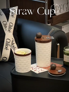 French woven ceramic straw cup for home use high aesthetic value portable coffee cup light luxury high-end water cup