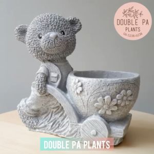 กระถางต้นไม้ปูนเคลือบเงาน้องหมีรถเข็นชาย ตกแต่งสวน-แต่งบ้าน กระถางปูนปั้นเคลือบเงาอย่างดี