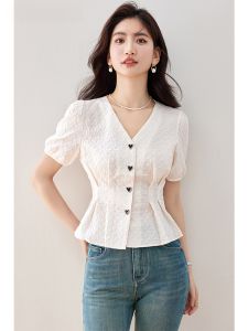 La Chapelle Commuter Single-Button V-Neck Bubble Sleeve Shirt Korean Style Polyester Fiber Straight Tube Blouse Top