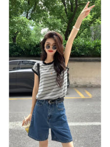 YUEZHONGWEI | French Style Short Sleeve Knitted T-Shirt Women Summer Slim Fit Round Neck Drawstring Tie Back Striped Top Commute Style