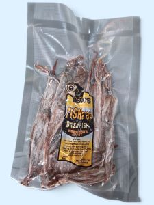 dried squid100g:Mercys Fisharap Dried Fish 100g Sealed Vacuum Pack. Key attributes: dried squid vacuum sealed 100g transparent packaging yellow label. Fit/use: snack appetizer. Scene: kitchen pantry.