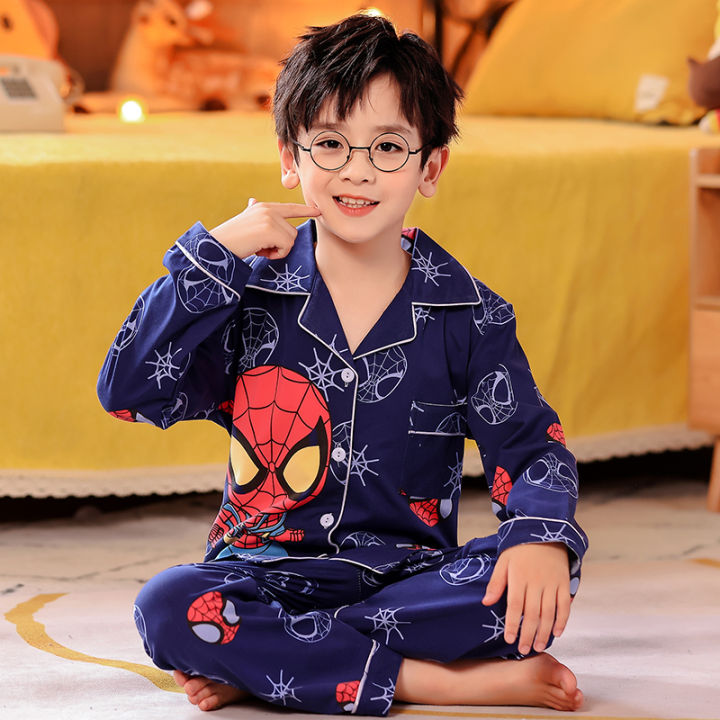 Bộ Đồ Ngủ Cotton Dài Tay Mỏng Cho Bé Trai Mùa Xuân Thu Spider-Man Quần Áo Mặc Nhà Trẻ Em Quần Áo Trẻ Em Mùa Thu